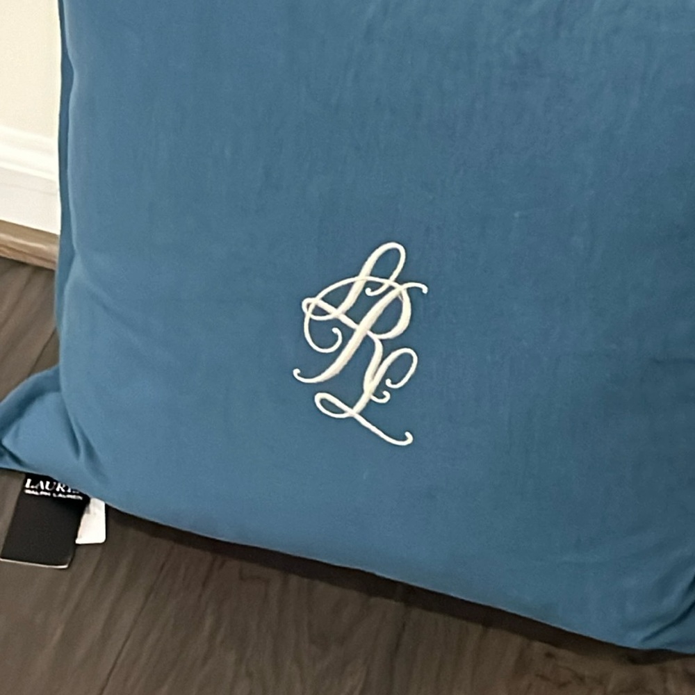Ralph Lauren Julianne Monogram Throw Pillow 18”x18” cotton linen Peacock Blue - Picture 3 of 11